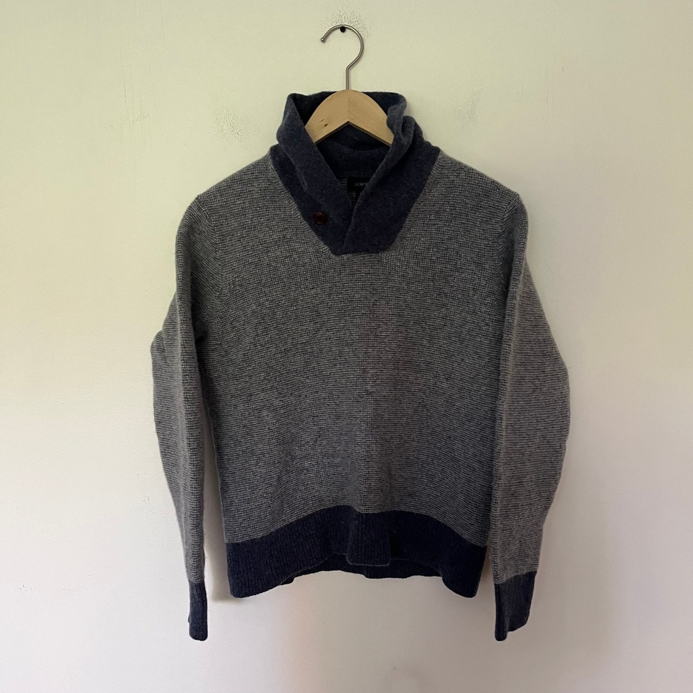J.Crew Mens XL 100% Wool Shawl Collar Sweater Grey Navy Blue Stripe Pullover